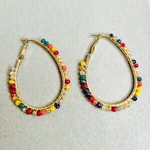 Colorful Beaded Gold Tone Teardrop Hoop Earrings